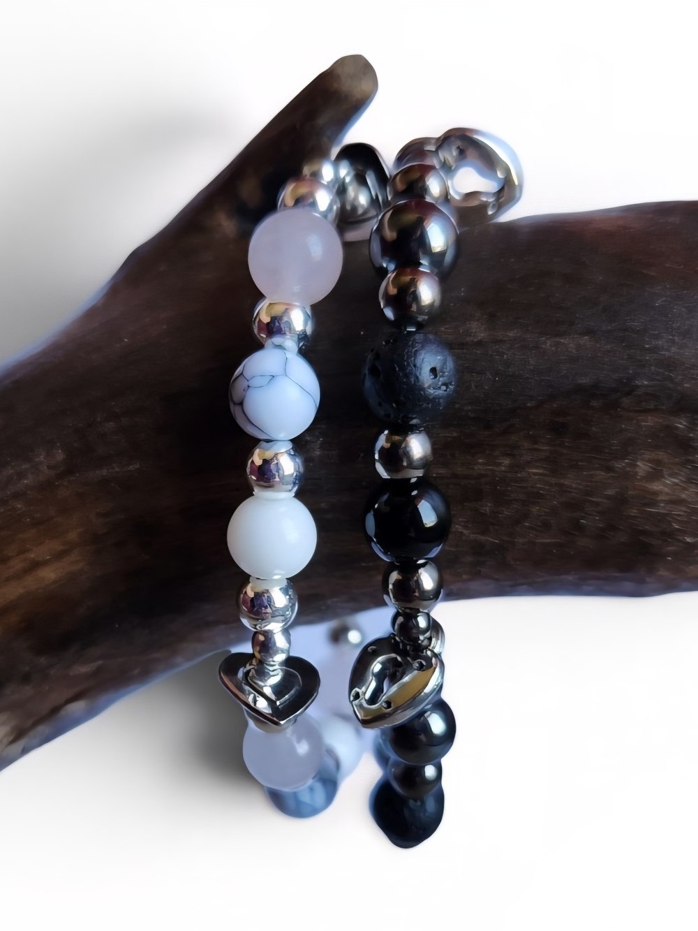 His & Hers Beaded Heart Charm Bracelet Set - Black & White